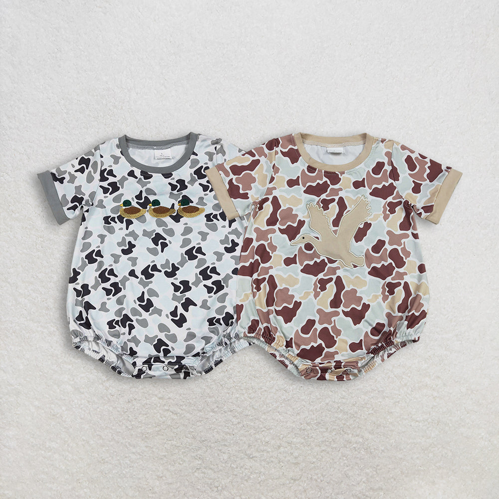 Sibling Baby Boys Short Sleeve Embroidery Southern Camo Ducks Hunting Rompers