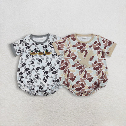 Sibling Baby Boys Short Sleeve Embroidery Southern Camo Ducks Hunting Rompers
