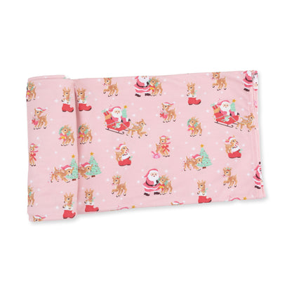 Vintage Reindeer & Santa Pink - Swaddle Blanket