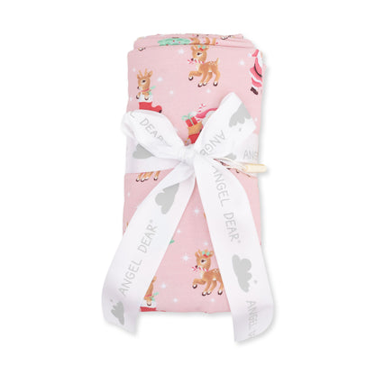 Vintage Reindeer & Santa Pink - Swaddle Blanket