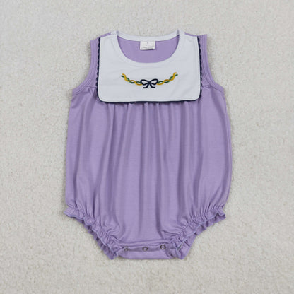 Sibling Baby Girls Mardigras Lavender Embroidery Bows Knee Length Dress Ruffle Rompers