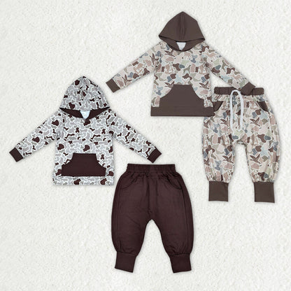 Sibling Baby Boys Dogs Ducks Brown Camo Pocket Hoodie Joggers Hunting Clothes Sets