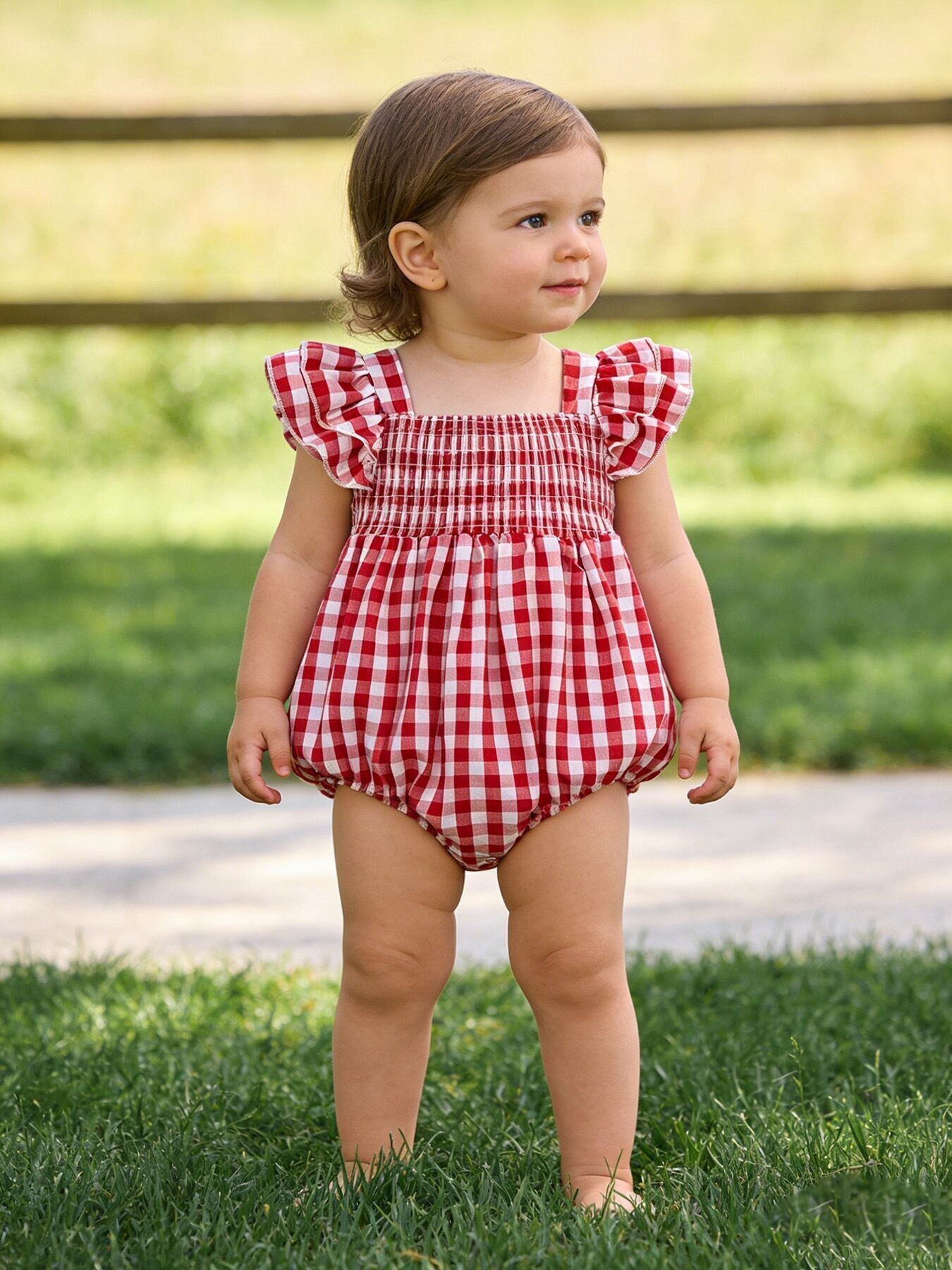 Summer Plaid Smocked Ruffle Girl Romper Sibling Outfits