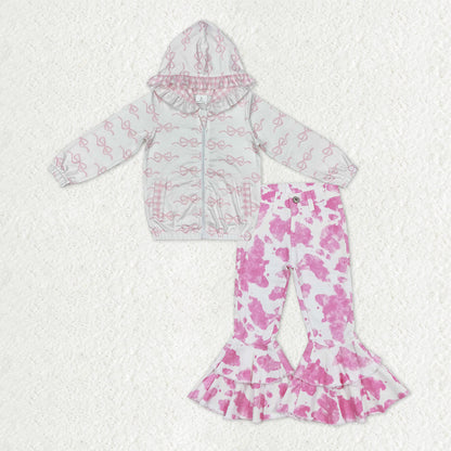 Sibling Baby Girls Pink Bows Zip Pocket Hoodies Jacket Denim Bell Bottom Pants Clothes Sets