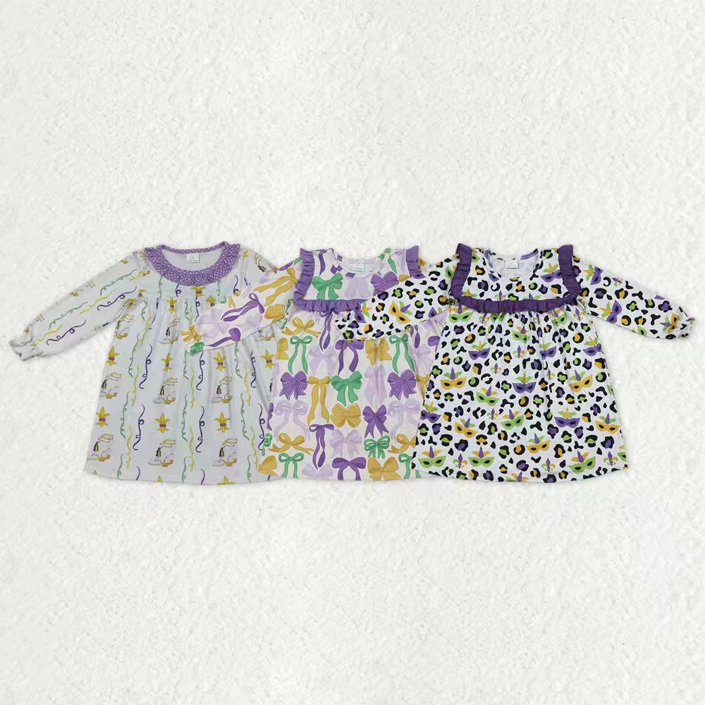 Sibling Baby Girls Long Ruffle Sleeve Mardigras Leopard Bows Anchors Knee Length Dresses