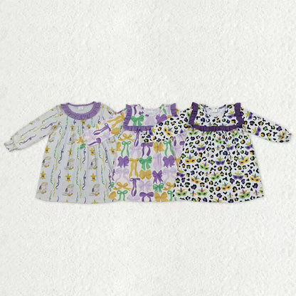 Sibling Baby Girls Long Ruffle Sleeve Mardigras Leopard Bows Anchors Knee Length Dresses
