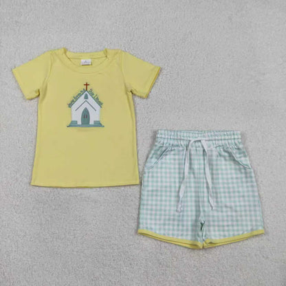 Sibling Baby Kids Embroidery Church Cross Top Checked Shorts Clothes Set Rompers