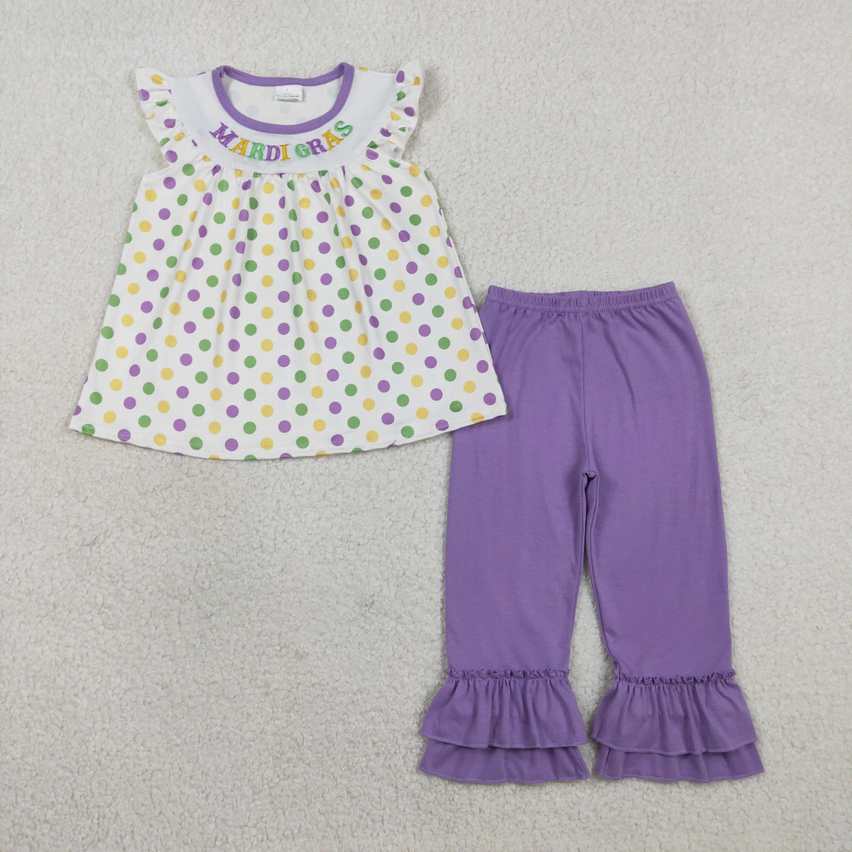 Sibling Baby Girls Embroidery MARDIGRAS Polka Dots Tunic Ruffle Pants Knee Length Dresses