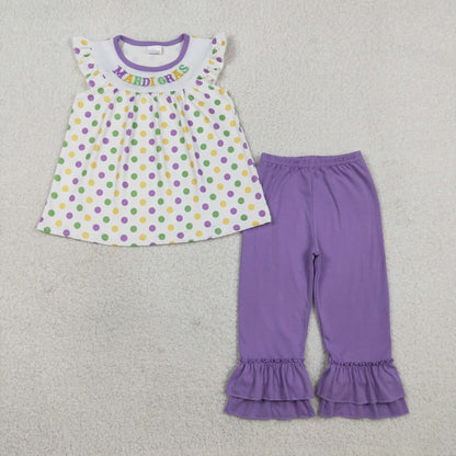 Sibling Baby Girls Embroidery MARDIGRAS Polka Dots Tunic Ruffle Pants Knee Length Dresses