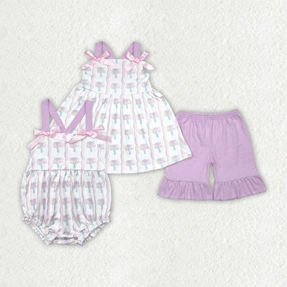 Sibling Baby Girls Lavender Strap Floral Stripe Tunic Ruffle Shorts Sets Rompers
