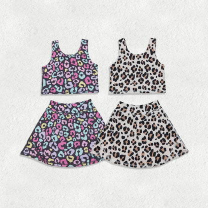 Sibling Baby Girls Sleeveless Colorful Leopard Vests Skirt Shorts Yoga Active Clothes Set