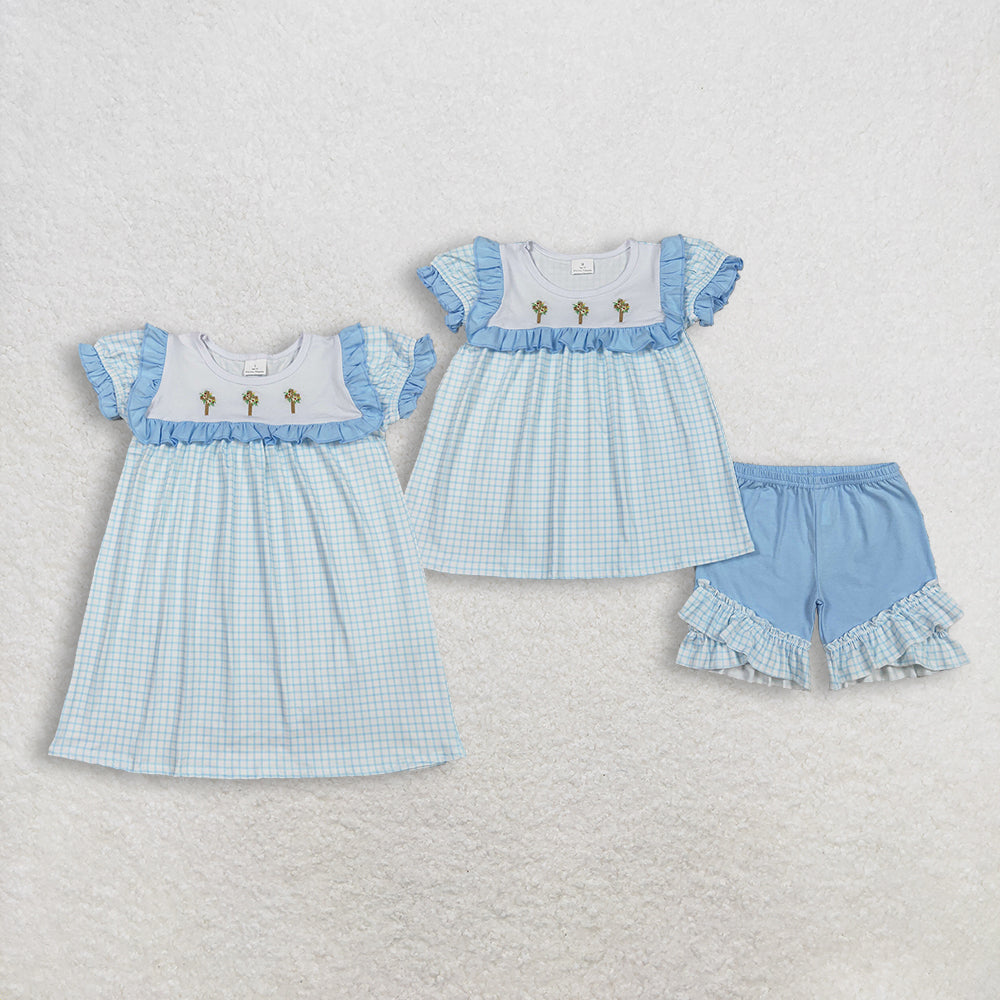 Sibling Baby Girls Blue Checked Embroidery Floral Crosses Tunic Ruffle Shorts Knee Length Dress