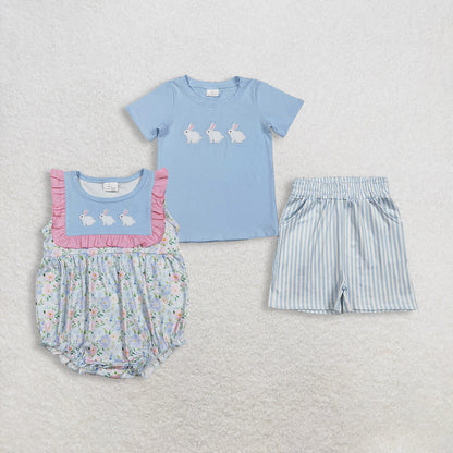 Sibling Baby Boys Girls Embroidery Rabbits Stripe Pockets Short Easter Clothes Set Ruffle Rompers