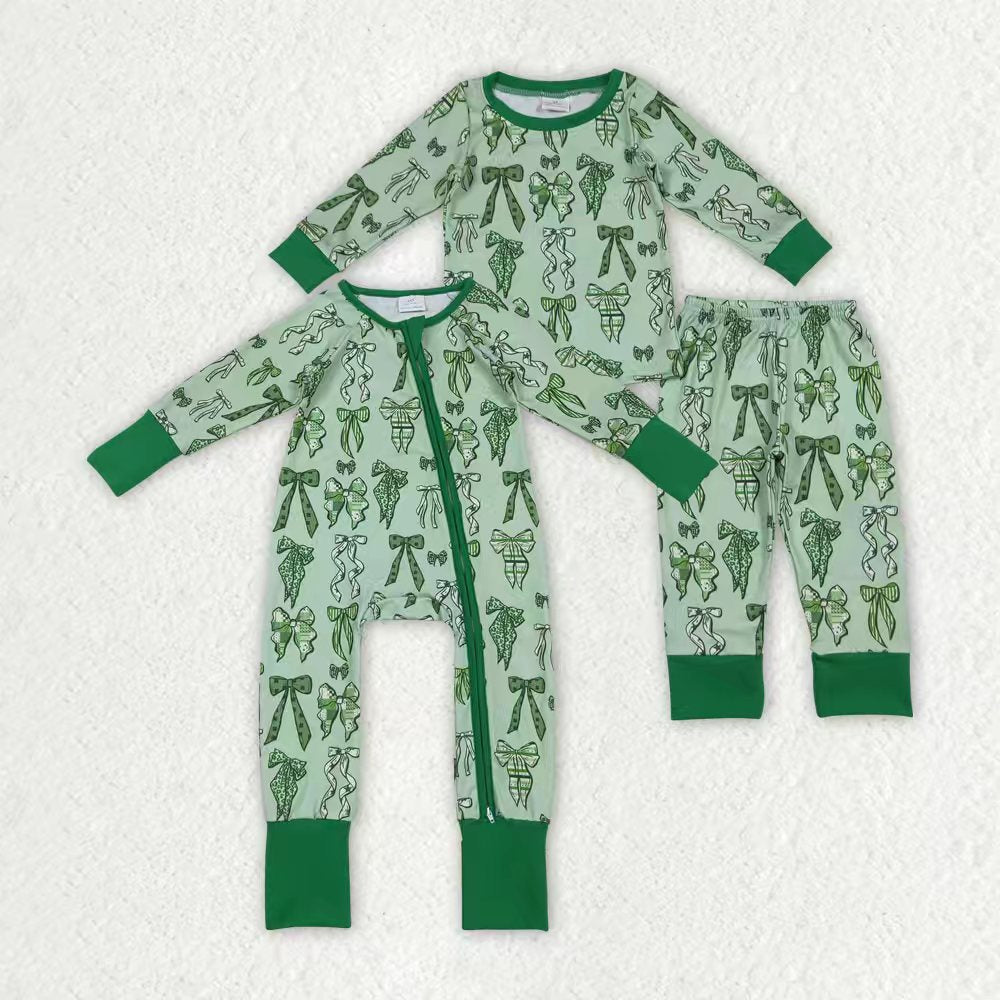 Sibling Baby Girls Green Clovers Bows Top Pants St Patrick Pajamas Sets Zipper Rompers