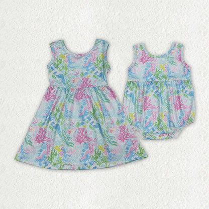 Sibling Baby Girls Sleeveless Colorful Sea Plants Knee Length Dress Rompers