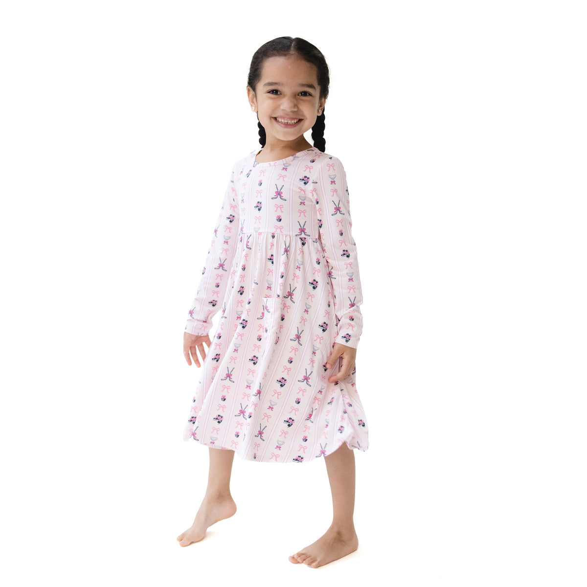 Megan's Bowtiful Hockey Stripe - Twirly Long Sleeve Dress