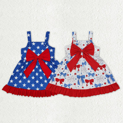 Sibling Baby Girls Strap Bows Top Stars 4th of July Ruffle Knee Length Dresses