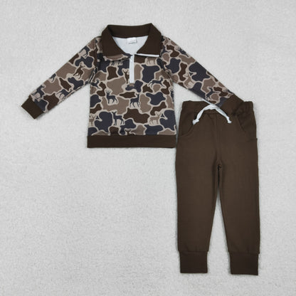 Sibling Baby Boys Deer Camo Zipper Pullovers Pockets Jogger Hunting Clothes Set Hoodies Top