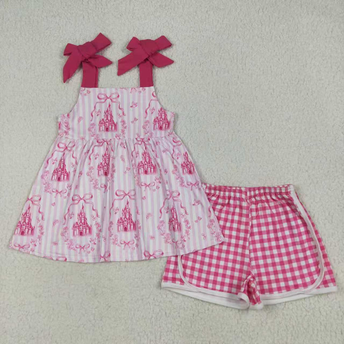 Sibling Baby Girls Pink Straps Castles Bows Checked Shorts Clothes Sets Romper