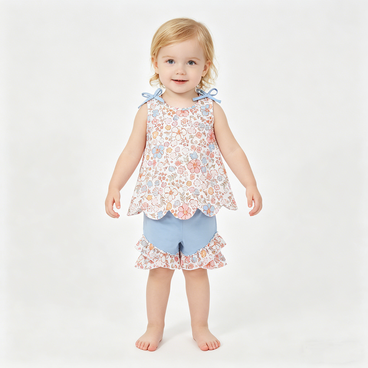 Sibling Baby Girls Colorful Flowers Scallop Tunic Ruffle Short Clothes Sets