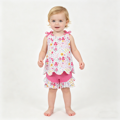 Sibling Baby Girls Colorful Flowers Scallop Tunic Ruffle Short Clothes Sets