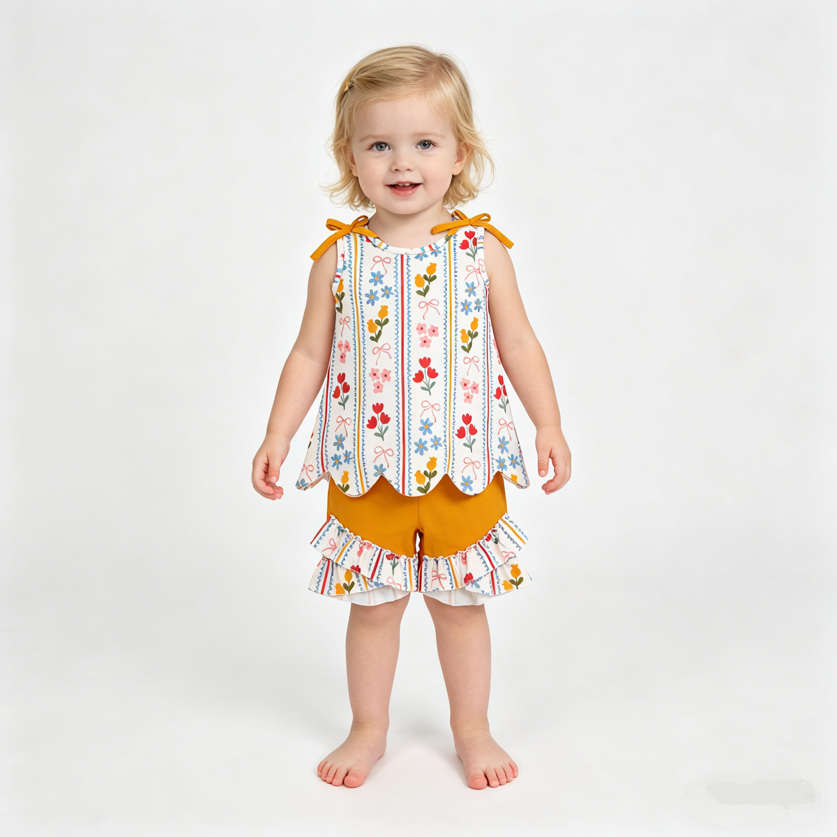 Sibling Baby Girls Colorful Flowers Scallop Tunic Ruffle Short Clothes Sets