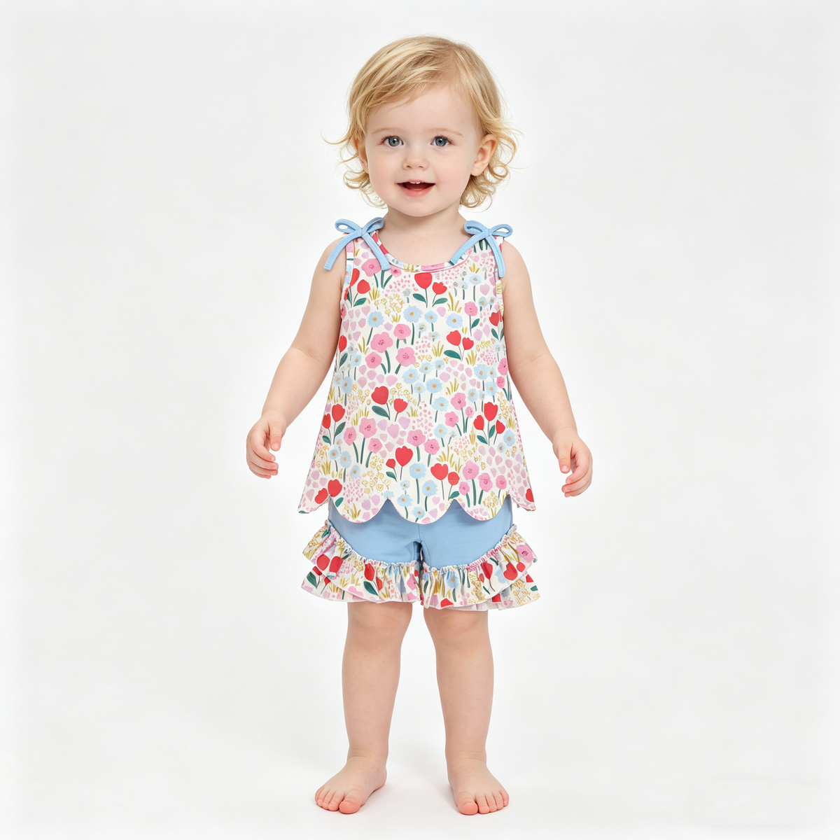Sibling Baby Girls Colorful Flowers Scallop Tunic Ruffle Short Clothes Sets