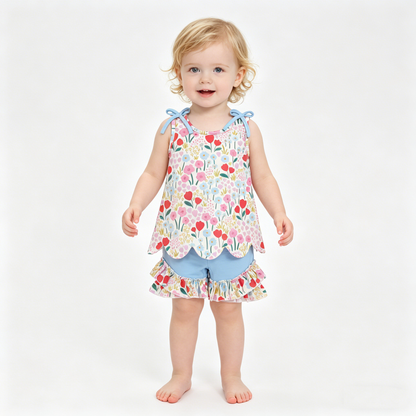 Sibling Baby Girls Colorful Flowers Scallop Tunic Ruffle Short Clothes Sets