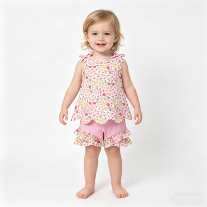 Sibling Baby Girls Colorful Flowers Scallop Tunic Ruffle Short Clothes Sets