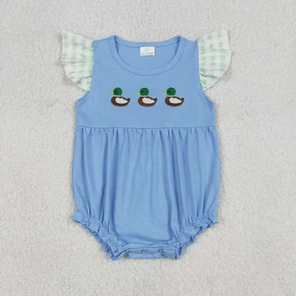 Sibling Baby Girls Flutter Sleeve Embroidery Ducks Hunting Checked Shorts Clothes Set Ruffle Rompers