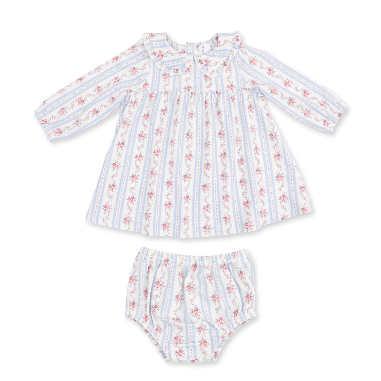 Anna Floral Stripe - Long Sleeve Peter Pan Ruffle Collar Dress and Bloomer