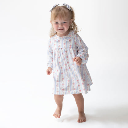 Anna Floral Stripe - Long Sleeve Peter Pan Ruffle Collar Dress and Bloomer