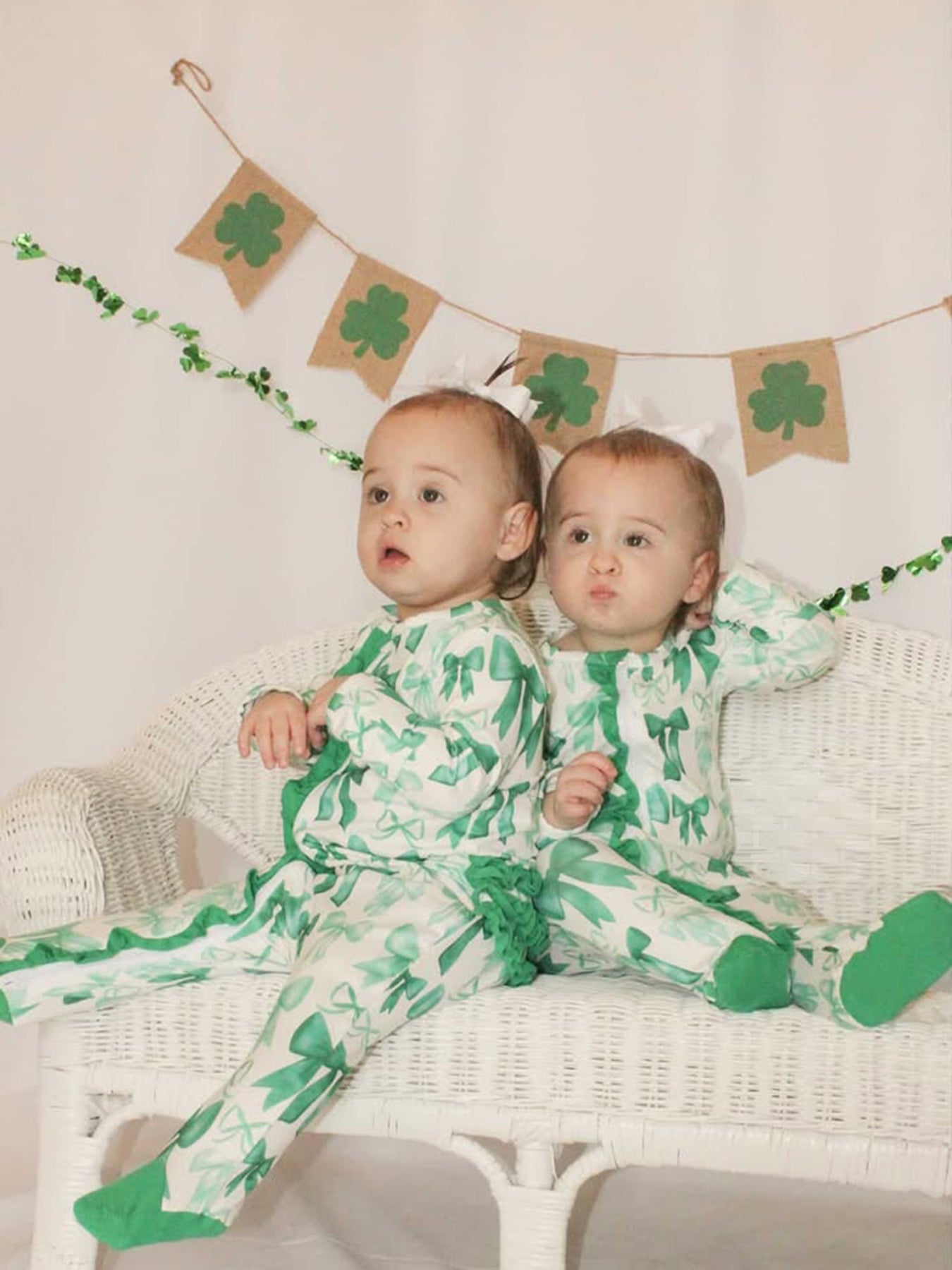 St. Patrick's Day Bow Print  Long Sleeves Baby Girls Romper
