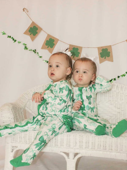 St. Patrick's Day Bow Print  Long Sleeves Baby Girls Romper