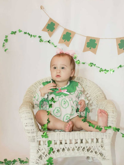 St. Patrick's Day Shamrock Striped Long Sleeve Baby Girl Romper