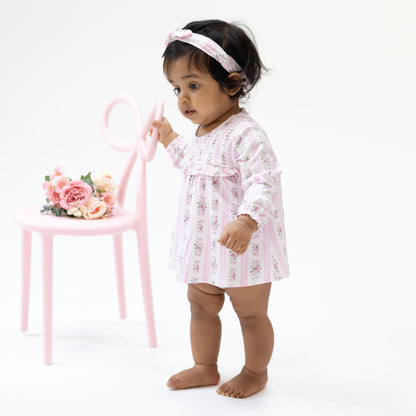 Bella Rose Stripe - Long Sleeve Smocked Ruffle Bubble with Skirt