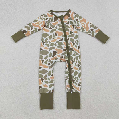 Sibling Baby Boys Green Khaki Camo Pants Southern Pajamas Sets Zipper Rompers