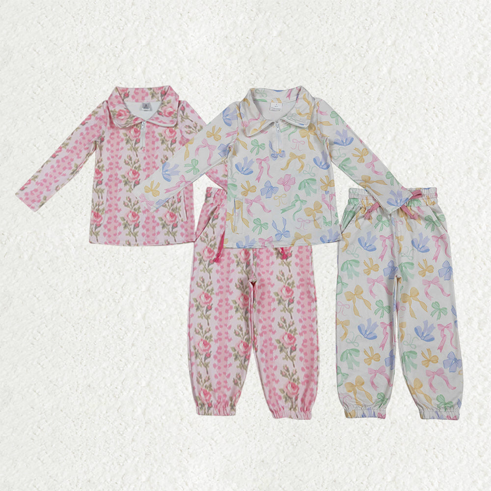 Sibling Baby Girls Bows Flowers Zip Pockets Pullover Jogger Pants Active Clothes Sets