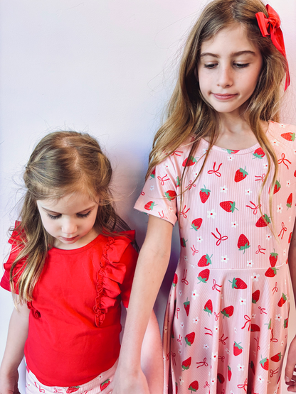 Strawberry Bow Girls Short Sleeves Dress