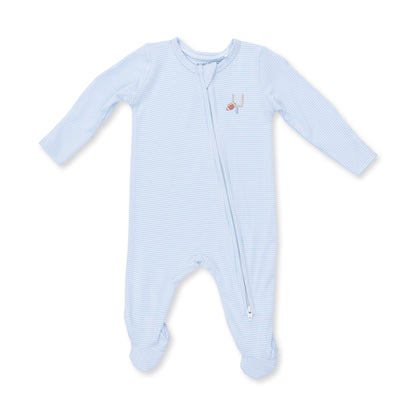 Football Blue Micro Stripe - 2 Way Zipper Footie