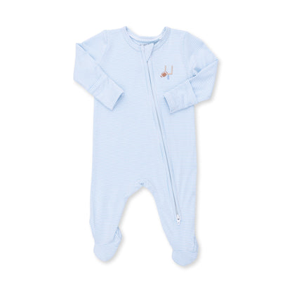 Football Blue Micro Stripe - 2 Way Zipper Footie