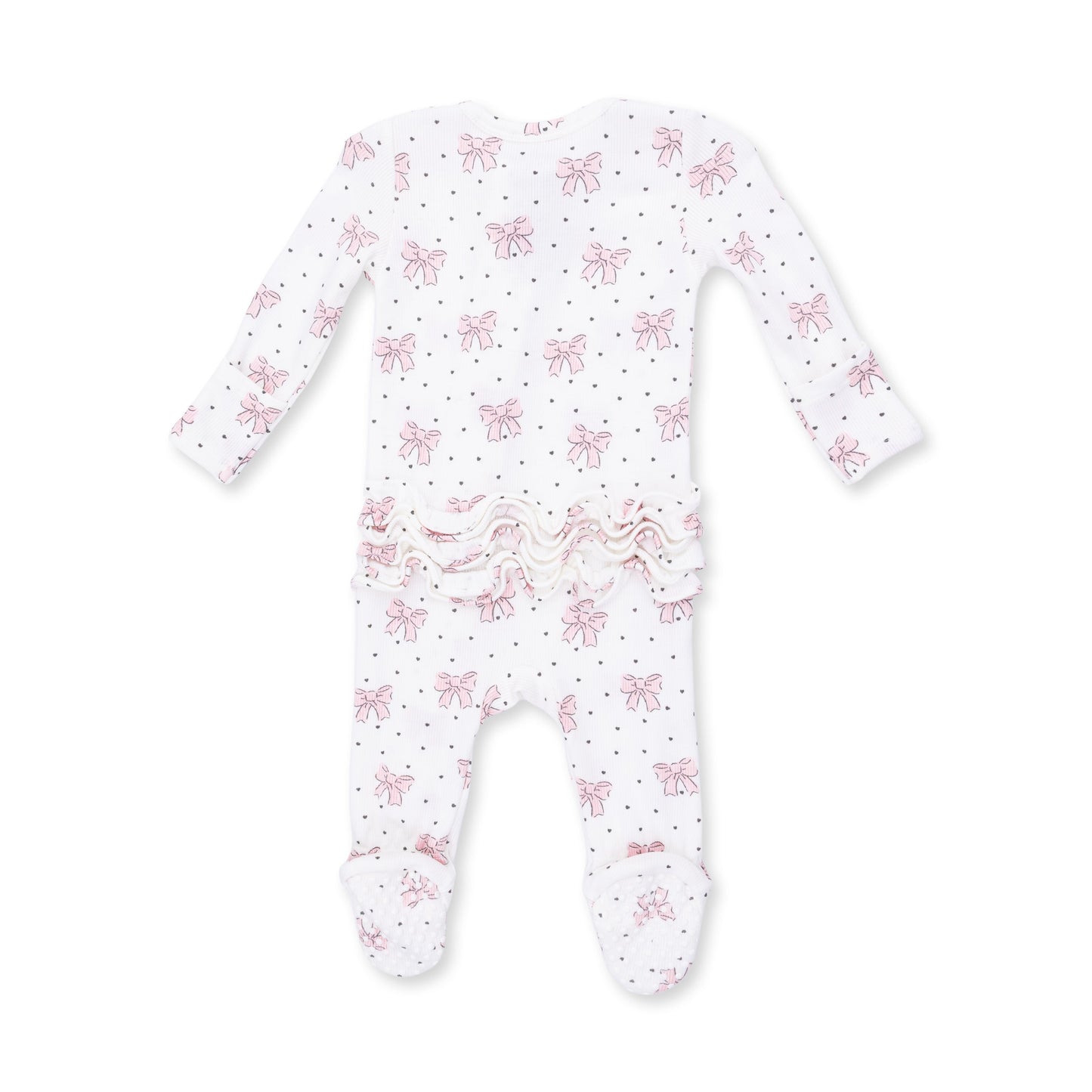 Bows and Hearts - 2 Way Ruffle Back Zipper Footie