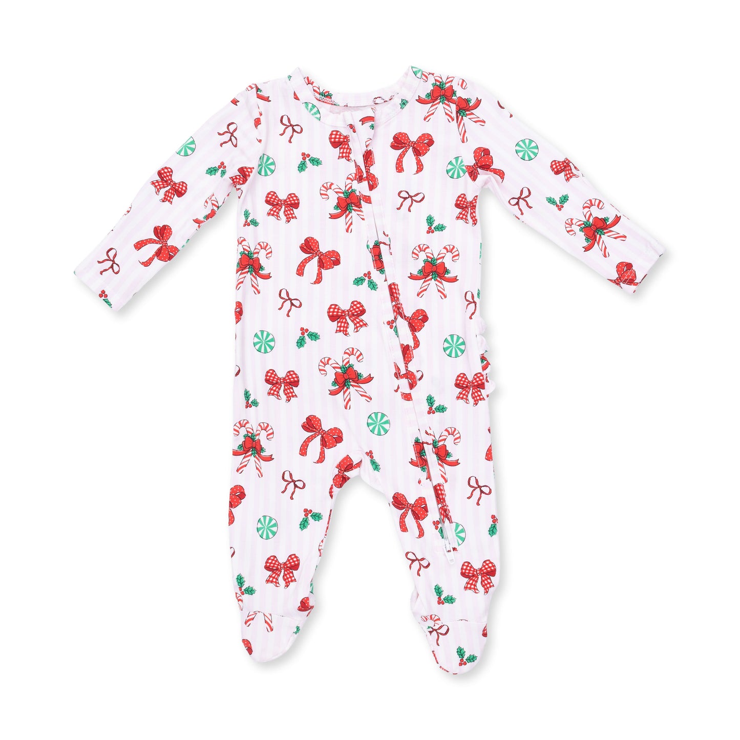 Bows & Candy Canes - 2 Way Ruffle Back Zipper Footie
