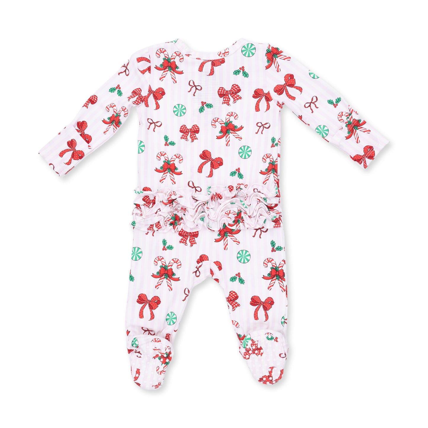 Bows & Candy Canes - 2 Way Ruffle Back Zipper Footie