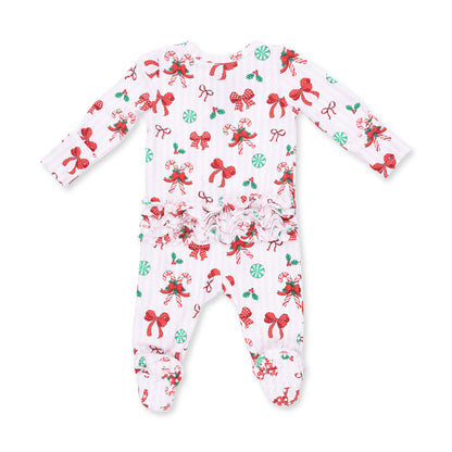Bows & Candy Canes - 2 Way Ruffle Back Zipper Footie