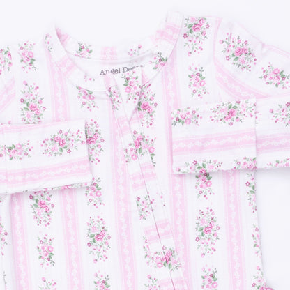 Bella Rose Stripe - 2 Way Ruffle Back Zipper Footie