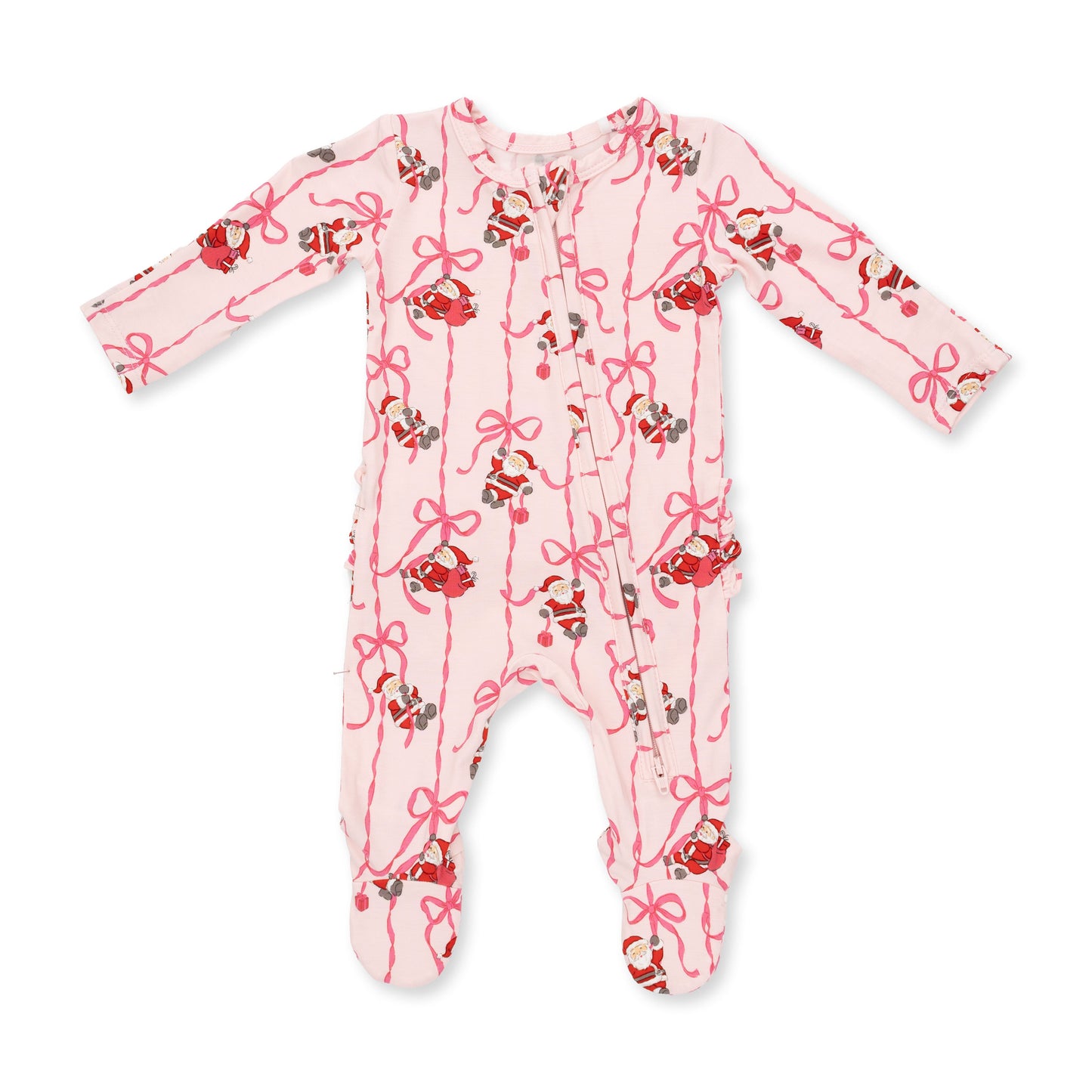 Bows & Santa - 2 Way Ruffle Back Zipper Footie