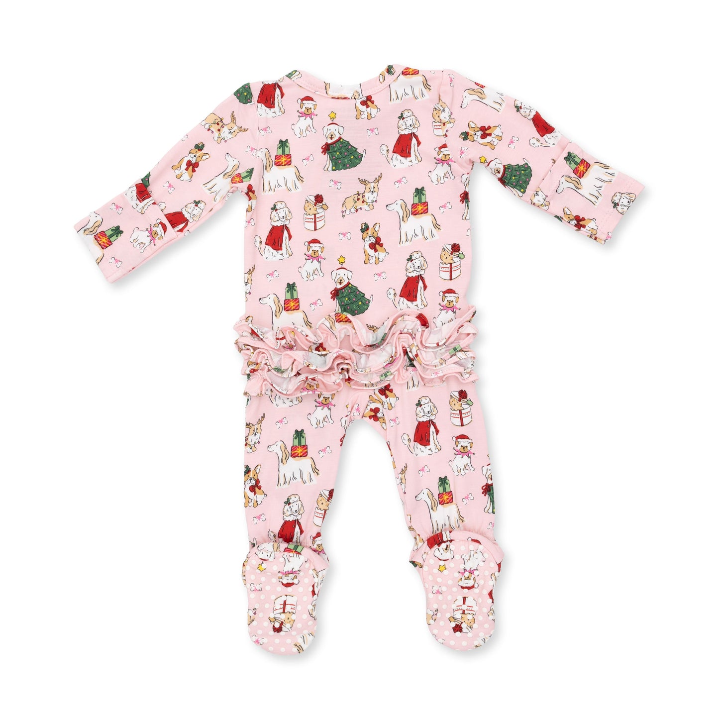 Christmas Dogs Pink - 2 Way Ruffle Back Zipper Footie