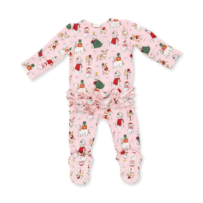 Christmas Dogs Pink - 2 Way Ruffle Back Zipper Footie