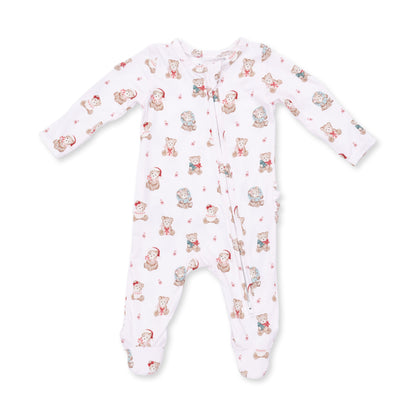Christmas Teddy Bears Pink - 2 Way Ruffle Back Zipper Footie
